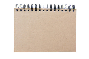 Top view brown blank recycled paper cover notebook isolated on white background with clipping path