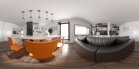 Sticker - Spherical 360 panorama projection Scandinavian style interior design 3D rendering