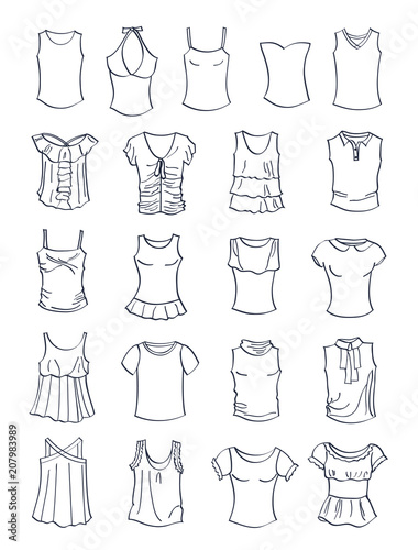 Contours of t-shirts and tank tops for girls, summer clothing, isolated ...