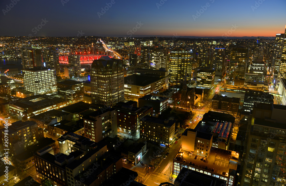 Vancouver city financial district at night, photo taken from the Harbour Centre tower, Vancouver, British Columbia, Canada. - obrazy, fototapety, plakaty 