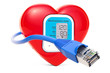 Red heart with monitor from sphygmomanometer and lan cable, 3D rendering