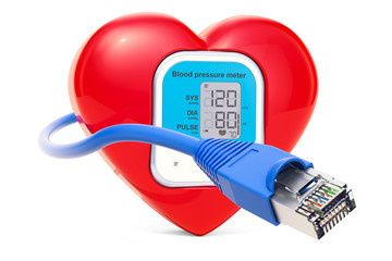 Poster - red heart with monitor from sphygmomanometer and lan cable, 3d rendering
