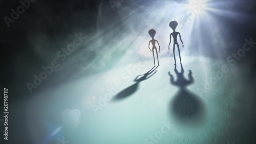Fotografía Silhouettes of aliens and bright light in background
