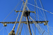 Standing and running rigging on mast of tall ship