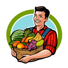 Happy farmer holding wicker basket full of fresh fruits. Agriculture, farm, harvest concept. Cartoon vector illustration