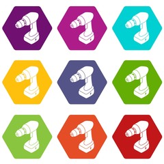 Poster - Cordless drill icons 9 set coloful isolated on white for web