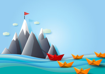 Poster - Business leadership concept with paper boats team sailing to the red flag on the mountain.Paper art vector illustration.