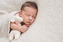 Cute Newborn Baby Sleeping Swaddled In A Blanket With Her Plush Giraffe Toy