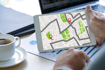 Poster - GPS Map to Route Destination network connection Location Street Map with GPS Icons  Navigation