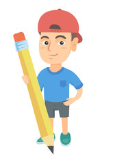 Sticker - Young caucasian kid boy standing with a huge pencil. Full length of a little boy holding a big pencil. Vector sketch cartoon illustration isolated on white background.