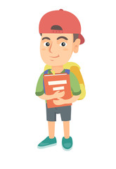 Wall Mural - Caucasian schoolboy with backpack and textbook. Smiling happy schoolboy hugging a textbook. Vector sketch cartoon illustration isolated on white background.