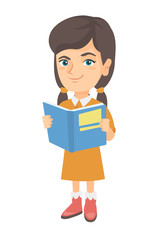 Poster - Little caucasian schoolgirl reading a book. Smiling schoolgirl holding a story book in hands. Concept of education. Vector sketch cartoon illustration isolated on white background.