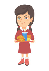 Canvas Print - Little caucasian girl holding a tray with fast food. Smiling girl eating cheeseburger with french fries and soda. Vector sketch cartoon illustration isolated on white background.