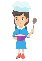 Canvas Print - Little caucasian girl wearing chef hat and holding a saucepan and a kitchen spoon. Smiling girl with a saucepan and a spoon. Vector sketch cartoon illustration isolated on white background.