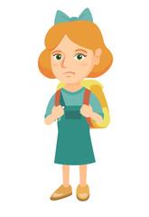 Canvas Print - Little caucasian sad schoolgirl carrying a backpack. Full length of upset schoolgirl with backpack. Vector sketch cartoon illustration isolated on white background.