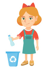 Poster - Eco-friendly caucasian girl throwing plastic bottle in recycle bin. Full length of little girl throwing plastic waste in recycling bin. Vector sketch cartoon illustration isolated on white background.