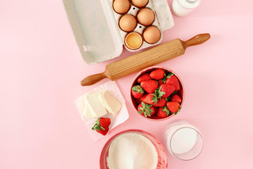 Poster - Raw ingredients cooking strawberry pie pink background eggs flour milk sugar strawberry top view flat lay Bakery background Recipe strawberry pie