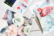 © golubovy - artwork painting hobby and leisure concept. beautiful watercolor pictures of flowers and flamingo
