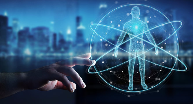 Businessman using digital x-ray human body scan interface 3D rendering