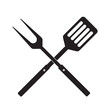 BBQ or grill tools icon. Crossed barbecue fork with spatula. Black simple silhouette. Symbol Template Logo. Vector illustration flat design. Isolated on white background.