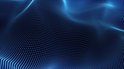 Poster - Abstract loopable blue cg motion waving dots texture with glowing defocused particles. Cyber or technology digital landscape background. 3840x2160 4k uhd