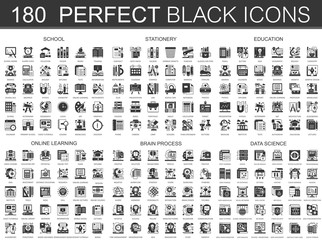 Aufkleber - 180 school, stationery, education, online learning, brain process, data science classic black mini concept symbols. Vector modern icon pictogram illustrations set.
