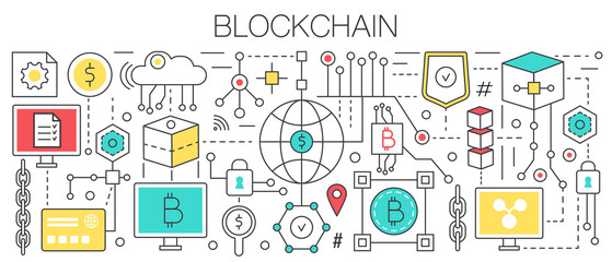 Poster - Blockchain concept template flat line vector design. Banking finance payment technology using bitcoins cryptocurrency.