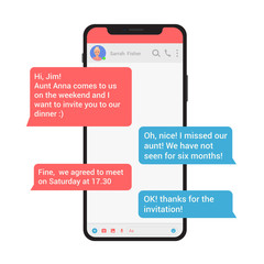 Aufkleber - Chating and messaging vector illustration concept. Social network messenger with modern style message bubbles in smartphone isolated.