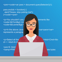 Poster - Young pretty woman programmer sitting at the desktop and working on the laptop. Coder codding flat vector illustration concept.