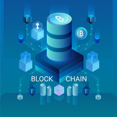 Poster - Cryptocurrency and blockchain concept, data powered center, cloud data storage isometric vector illustration. Web design, presentation banner.