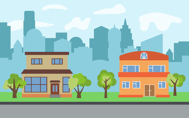 Vector city with two two-story cartoon houses and green trees in the sunny day. Summer urban landscape. Street view with cityscape on a background
