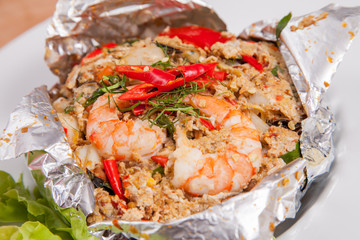 Steamed curry sea fish, shrimps - Thai food