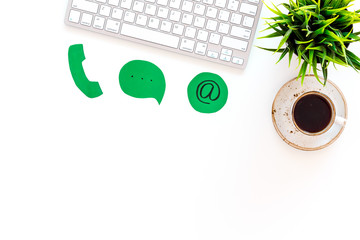 Poster - Template for contacts, background for contact information. Phone, email signs on office work desk with computer on white background top view copy space