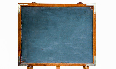 Fototapete - Blue old grungy vintage wooden empty chalkboard or retro blackboard with weathered frame and stand isolated on seamless white background. Concept for education with empty space for text.