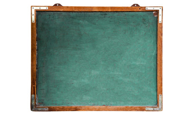 Fototapete - Green old grungy vintage wooden empty chalkboard or retro blackboard with weathered frame and isolated on seamless white background. Concept for education with empty space for text.