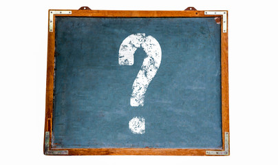 Fototapete - Question mark white sign on a blue old grungy vintage wooden chalkboard or retro blackboard with weathered frame and isolated on seamless white background.