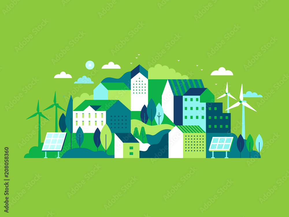 City landscape with buildings, hills and trees Stock Vector | Adobe Stock