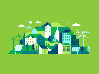 Poster - City landscape with buildings, hills and trees