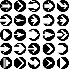 Black round next isolated icons with white arrows.