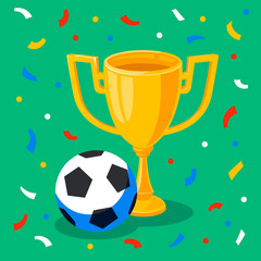 Wall Mural - Winner gold cup, football ball and confetti on green background. First place prize. Sport winners goblet. Football or soccer championship. Tropy reward. Flat cartoon style