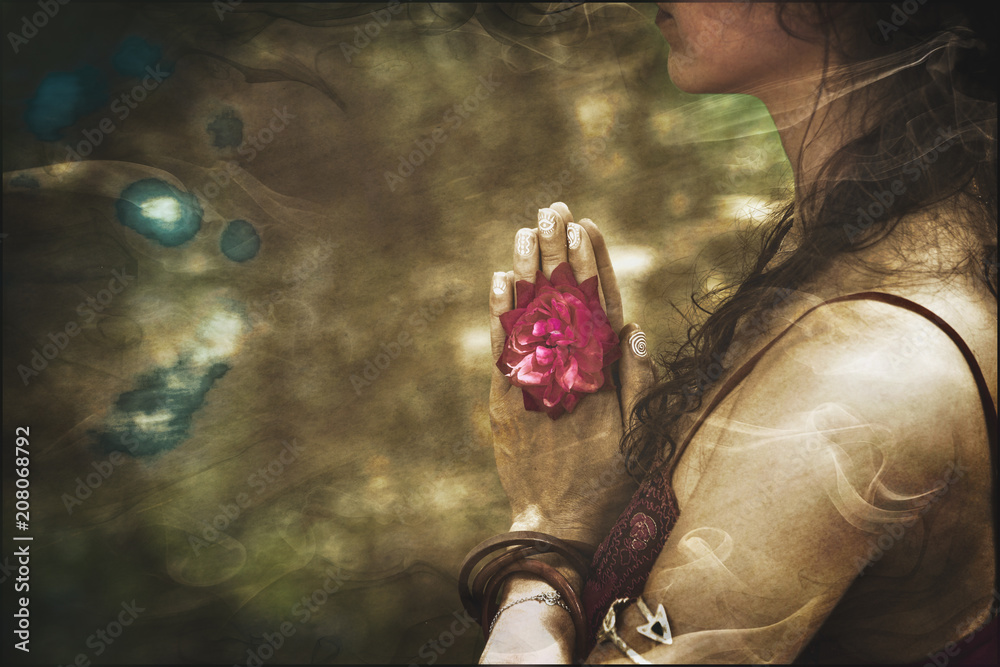 close up of yoga woman hands in namaste gesture with rose flower - obrazy, fototapety, plakaty 