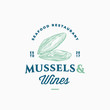 Mussels and Wines Seafood Restaurant Abstract Vector Sign, Symbol or Logo Template. Hand Drawn Opened Mussel Mollusc with Classy Retro Typography. Vintage Vector Emblem.