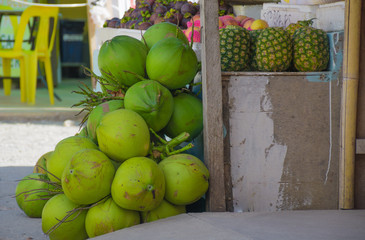 A bunch of ripe coconuts  in market