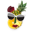 Tasty art / Creative concept photo of cubist style female face in sunglasses made of fruits and vegetables, on white background.