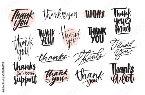 Download Collection Of Creative Thank You Lettering Compositions Written With Decorative Calligraphic Font Bundle Of Gratitude Phrase Decorated With Cute Elements Hand Drawn Vector Inscriptions Stock Vector Adobe Stock