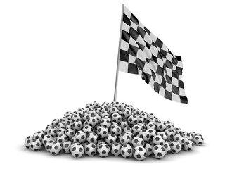 Poster - Pile of Soccer footballs and Checkered Flag. Image with clipping path