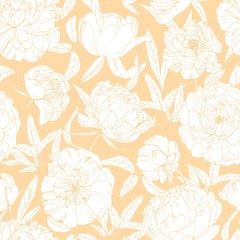 Fototapete - Gorgeous floral seamless pattern with blooming peony flowers hand drawn with contour lines on orange background. Natural backdrop with beautiful flowering garden plants. Botanical vector illustration.