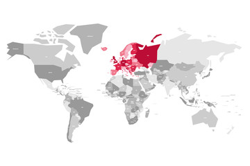 Sticker - Map of World in grey colors with red highlighted countries of Europe. Vector illustration.