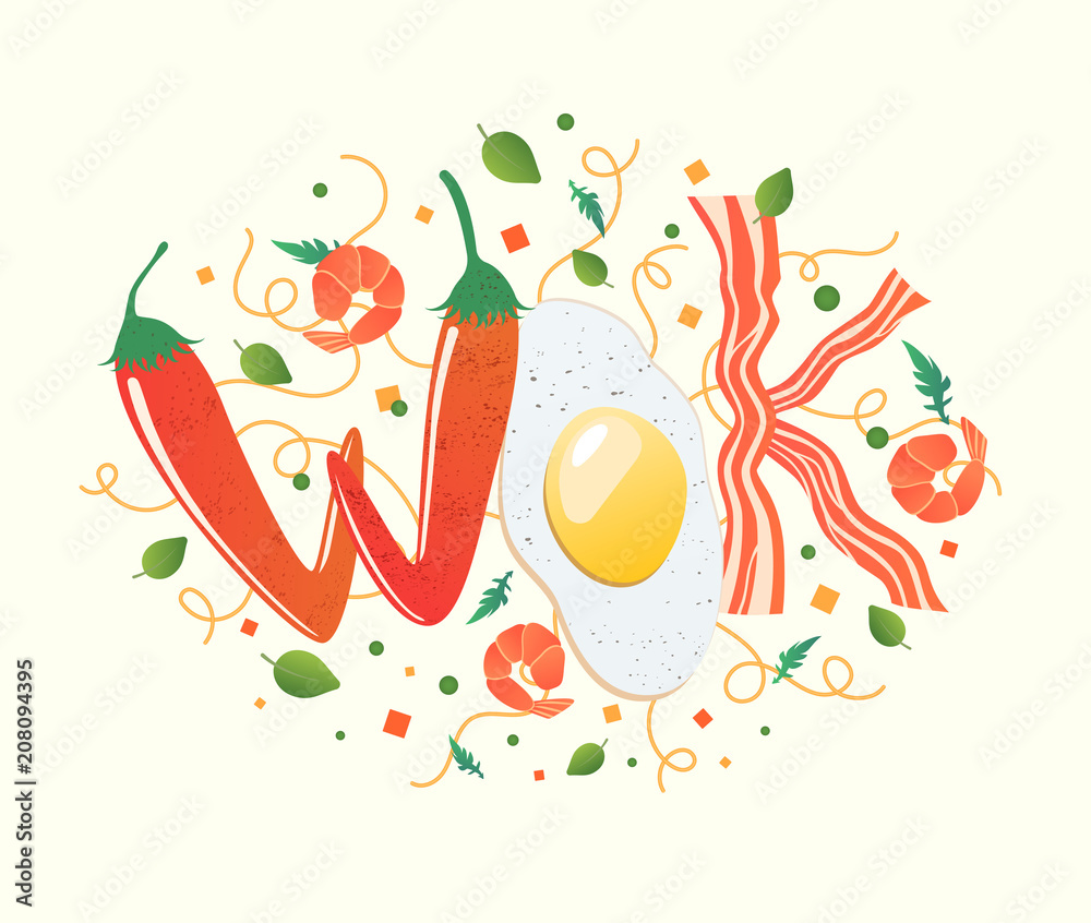 Wok logo for thai or chinese restaurant. Stir fry with edible letters ...