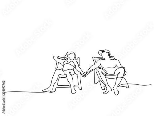 Continuous Line Drawing Young Couple Relaxing On Sun Lounger Near